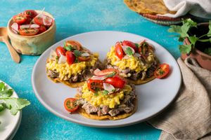 Mushroom-bean tostadas with scrambled eggs and Puerto Rican salsa