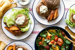 Lettuce-wrapped turkey burgers with grilled peach salad and basil mayo