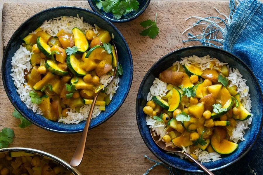 Curried chickpeas, new potatoes, and zucchini with basmati rice