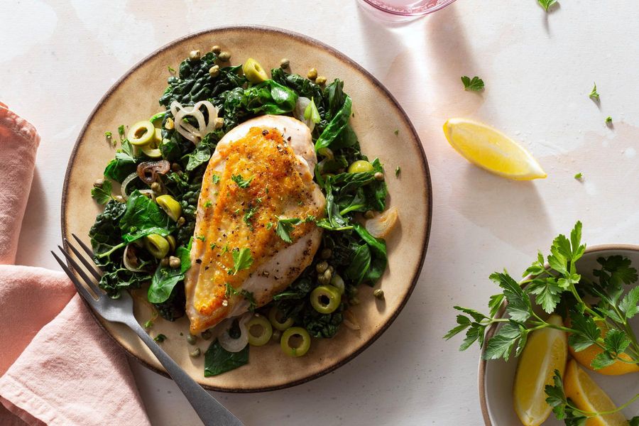 Sicilian chicken and kale with green olives, capers, and lemon