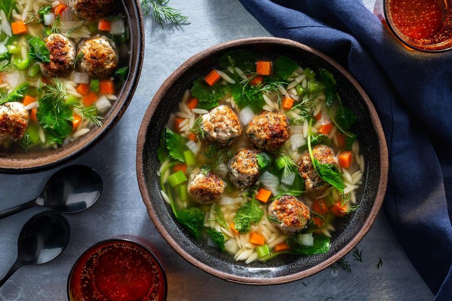 Calabrian wedding soup with orzo and turkey meatballs