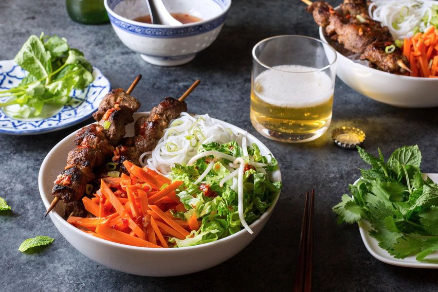 Hanoi bun cha with five-spice pork, rice noodles, and fresh herbs