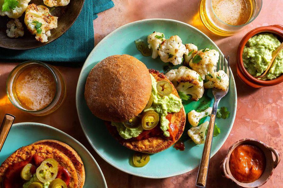 Spicy barbacoa tofu burgers with chipotle cauliflower and guacamole