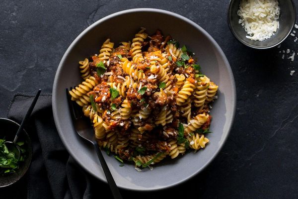 Lentil-mushroom Bolognese with gluten-free fusilli