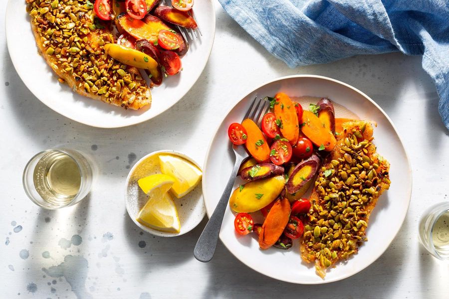Latin-spiced sole with warm carrot salad and pumpkin seed dukkah