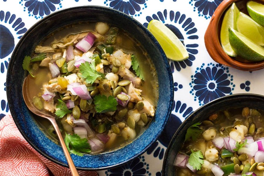 Chicken pozole verde with tomatillos and green chiles