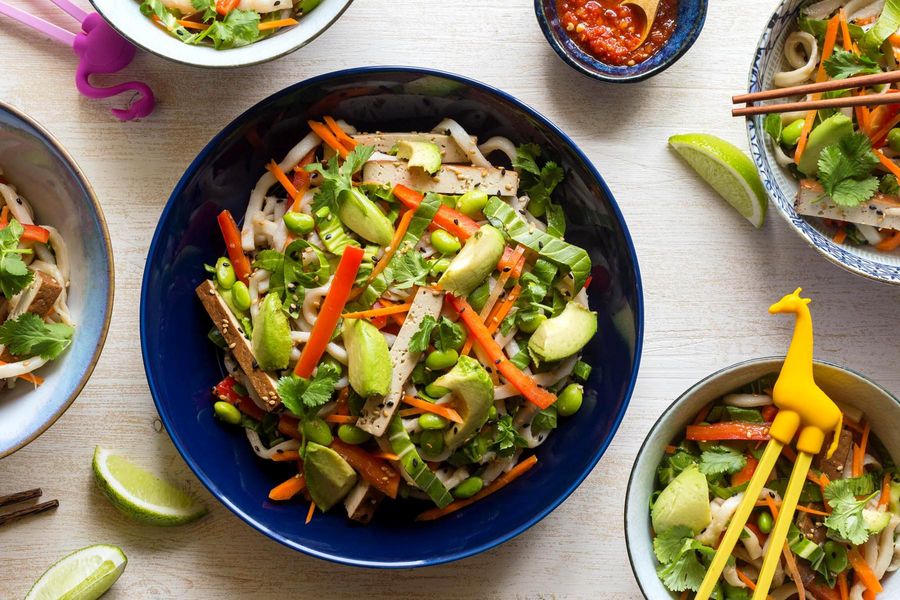 Sesame-udon salad with braised tofu and edamame