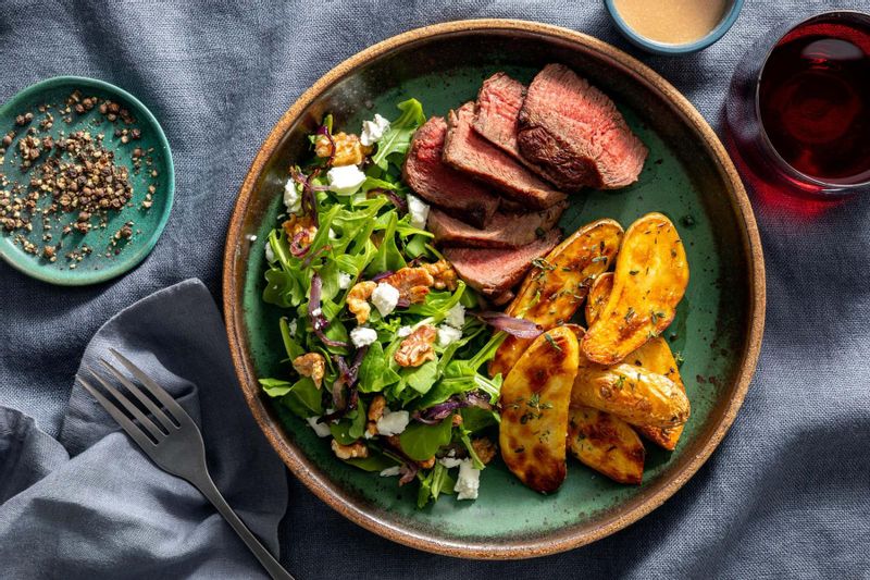 Black Angus Steaks With Herbed Potatoes and Arugula-Walnut Salad | Sunbasket
