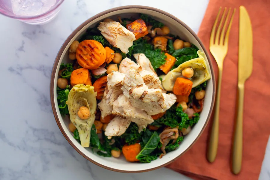 Mediterranean chicken bowl with sweet potatoes and chickpeas