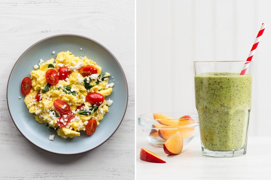 Tomato-feta scramble with basil & Peach-kale smoothies