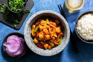 Korean spicy shrimp stir-fry and pickled daikon