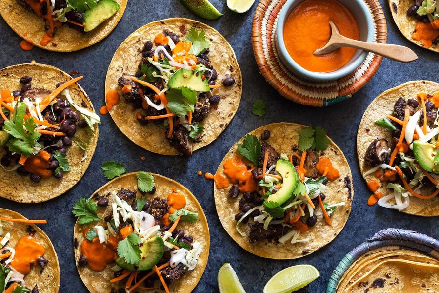 Five-spice black bean and cremini tacos with avocado