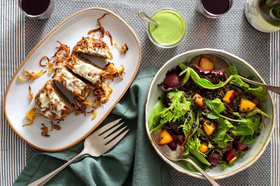 French onion meatloaf with lentil and plum salad