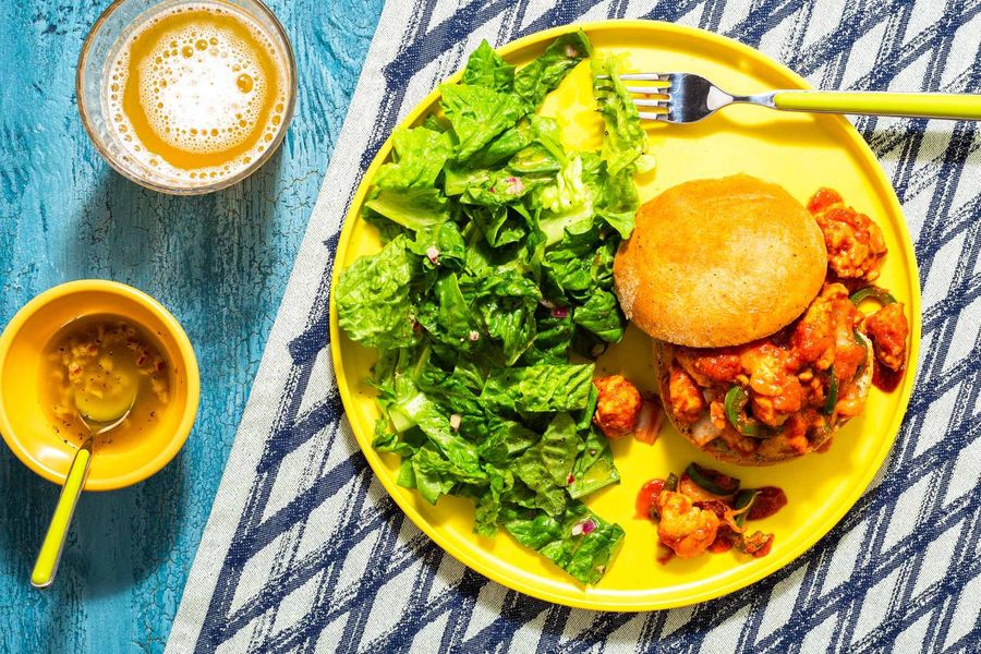 Cheesy chicken sloppy joes with crisp lettuce salad