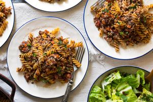 Lentil-mushroom Bolognese with gluten-free fusilli and romaine salad