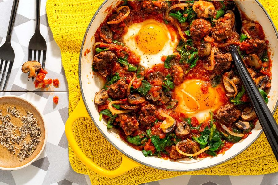 Eggs in purgatory with spicy mushrooms and kale