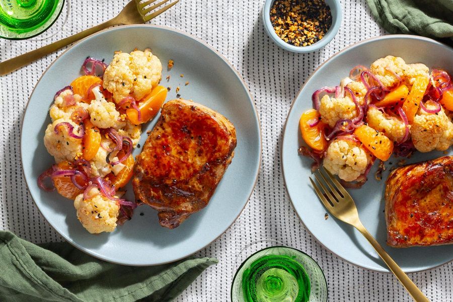 Hoisin-glazed pork chops with roasted cauliflower and citrus salad