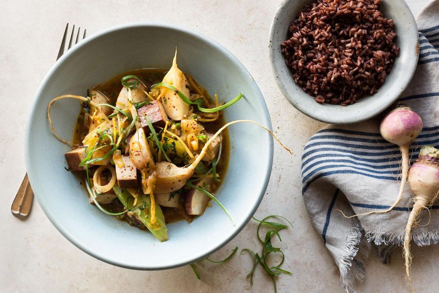 Braised tofu with turnips, spring onions, and green garlic