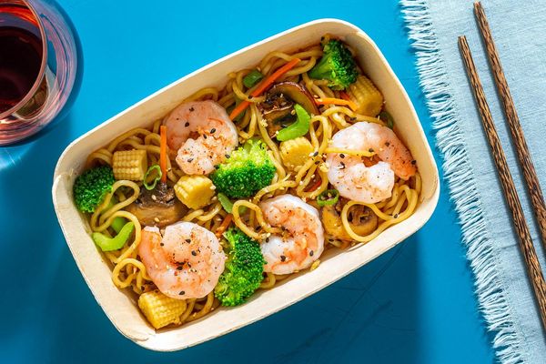 Shrimp chow mein with broccoli, mushrooms, and toasted garlic