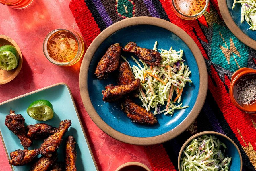 Smoky paprika–lime wings and broccoli slaw with ranch dressing