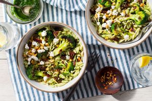 Orzo bowls with broccoli, sun-dried tomatoes, and pistou
