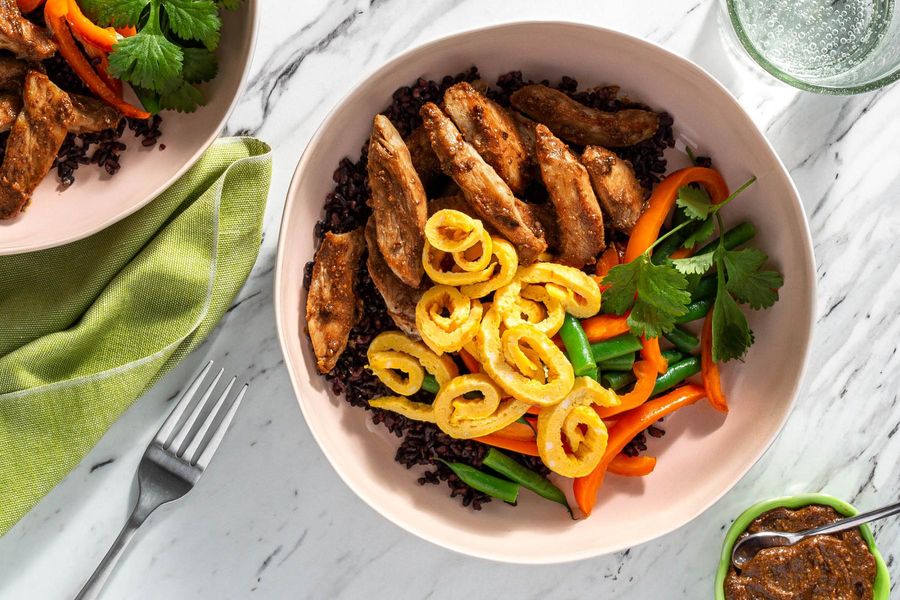 Tamarind black rice bowls with bell pepper and your choice of protein