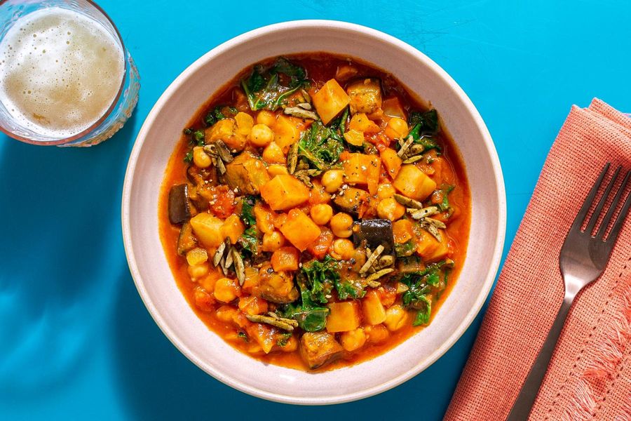 Chickpea and eggplant tagine with dried apricots and spiced almonds