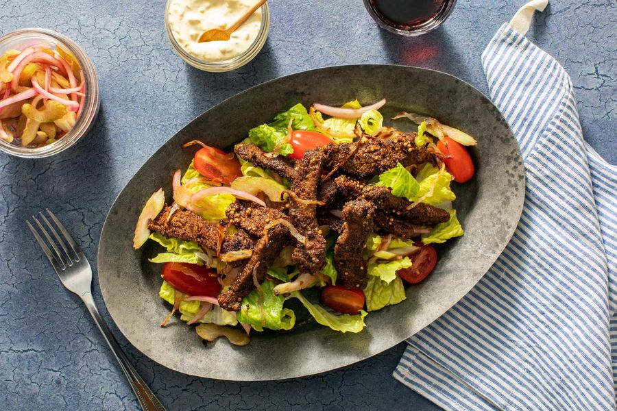 Pastrami-spiced steak salad with pickled vegetables and rémoulade