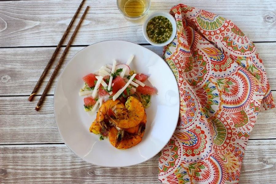 Coconut shrimp with jicama pomelo salad