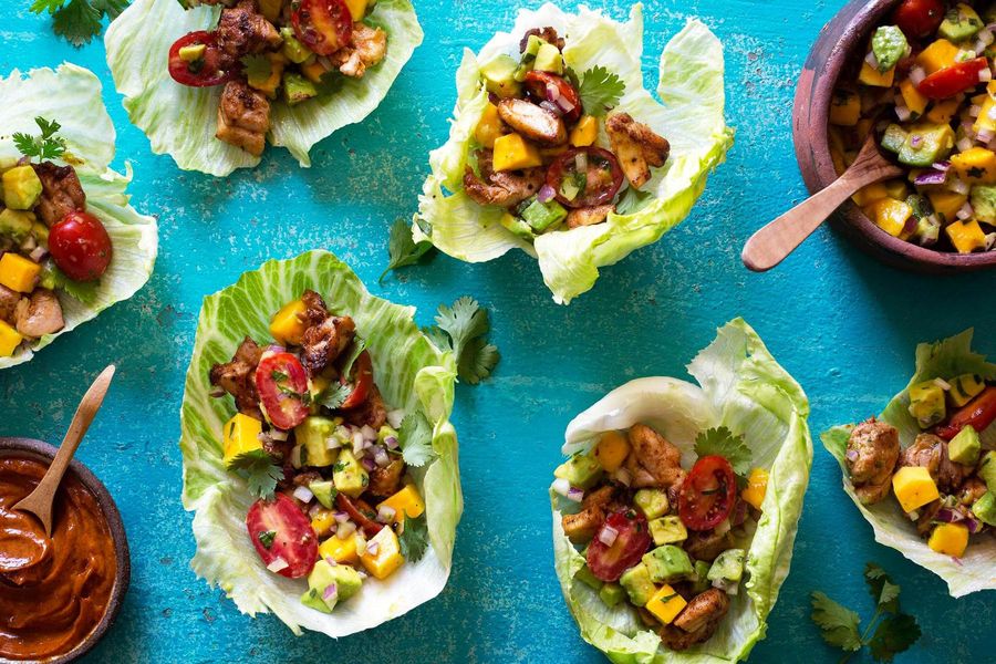 Chipotle chicken lettuce cups with mango-avocado salsa