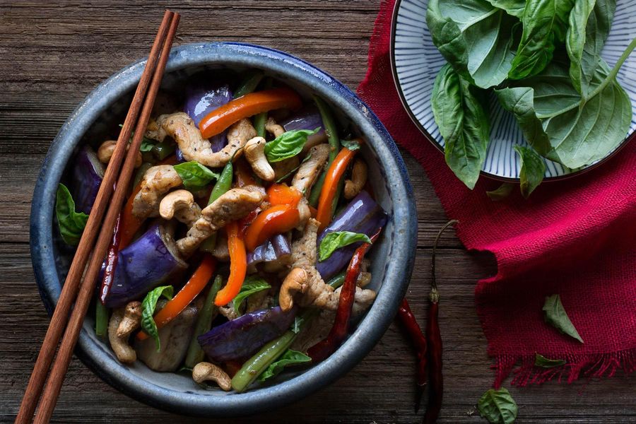 Pork and eggplant stir fry with green beans and basil 