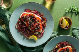 Roasted sole and tomatoes with caramelized onions and olive tapenade