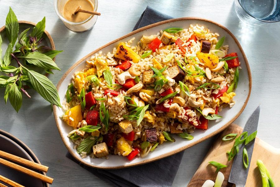Pineapple fried rice with braised tofu and cashews