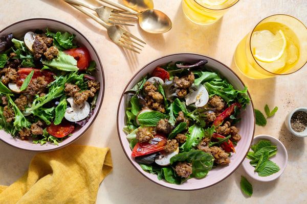 Turkey larb salad with mushrooms, tomatoes, and fresh mint