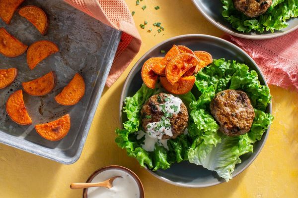 Lettuce-wrapped lamb sliders with sweet potato and lemon-tahini mayo