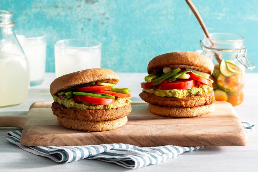 Korean-style tofu burgers with quick-pickled zucchini and kimchi