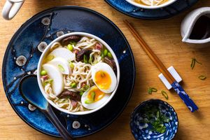 Miso ramen bowls with pancetta, edamame, and soft-cooked eggs
