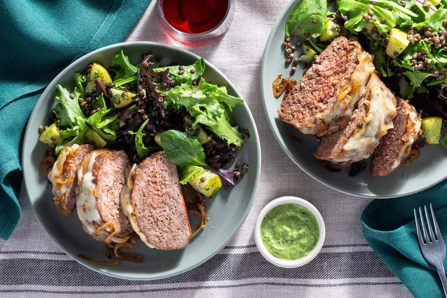 Cheesy French onion meatloaf with lentil and mixed green salad