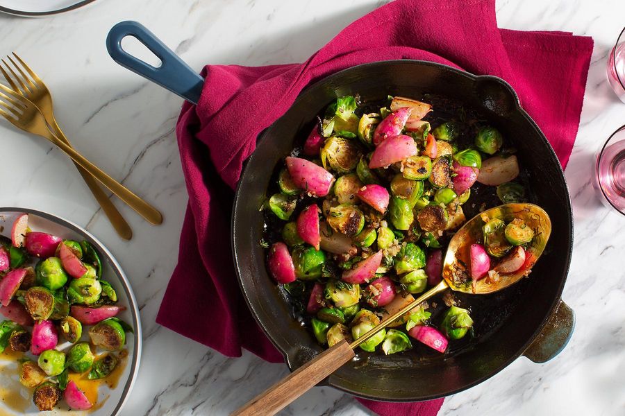 Honey-butter braised Brussels sprouts and radishes