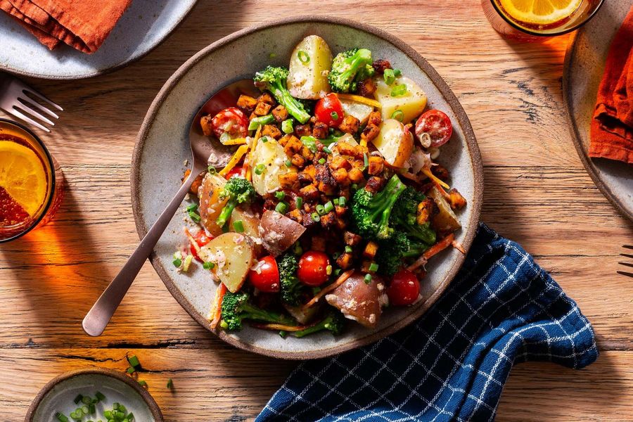 Hearty potato salad with tempeh “bacon” bits and mustard vinaigrette