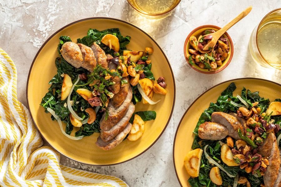 Italian sausages and olive tapenade with sautéed kale and parsnip