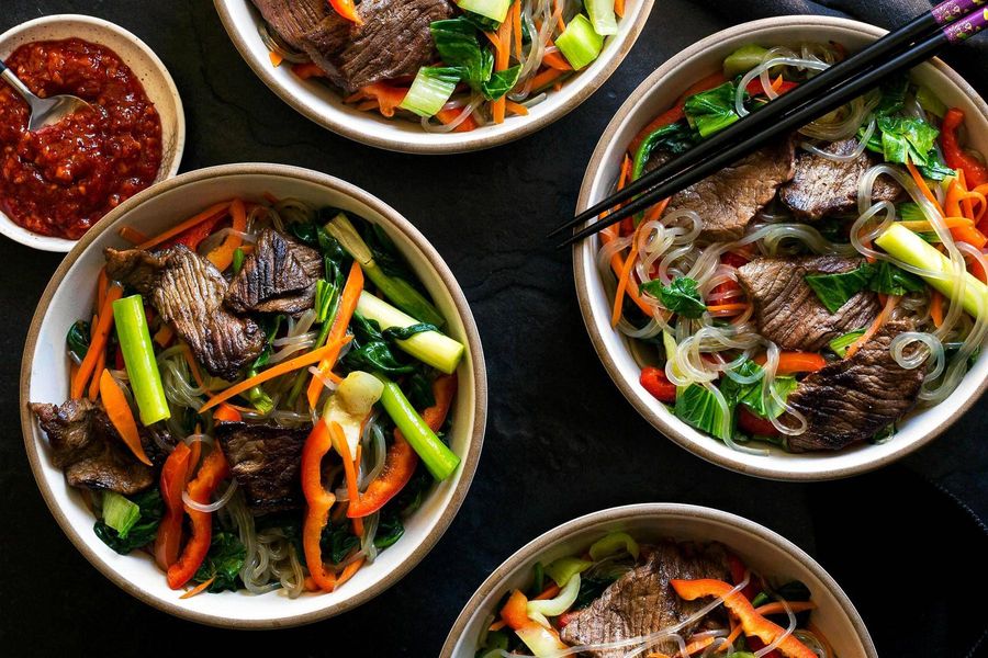 Korean steak japchae with glass noodles and stir-fried vegetables