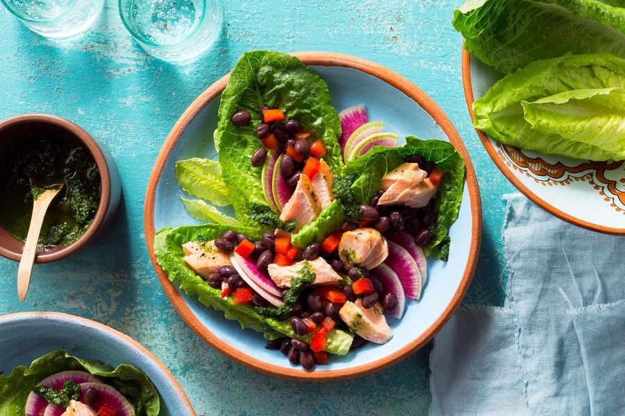 Speedy salmon lettuce cups with North African chermoula