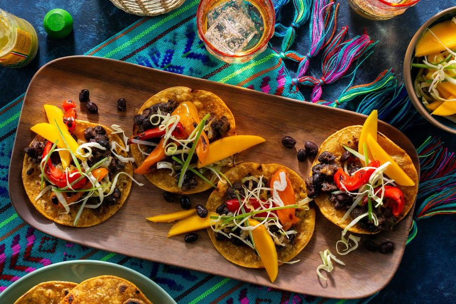 Spicy Jamaican Black Bean Tostadas with Sweet Peppers and Mango Slaw ...