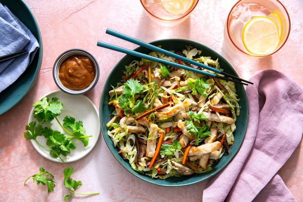 Mu shu pork bowls with shiitake mushrooms and hoisin sauce