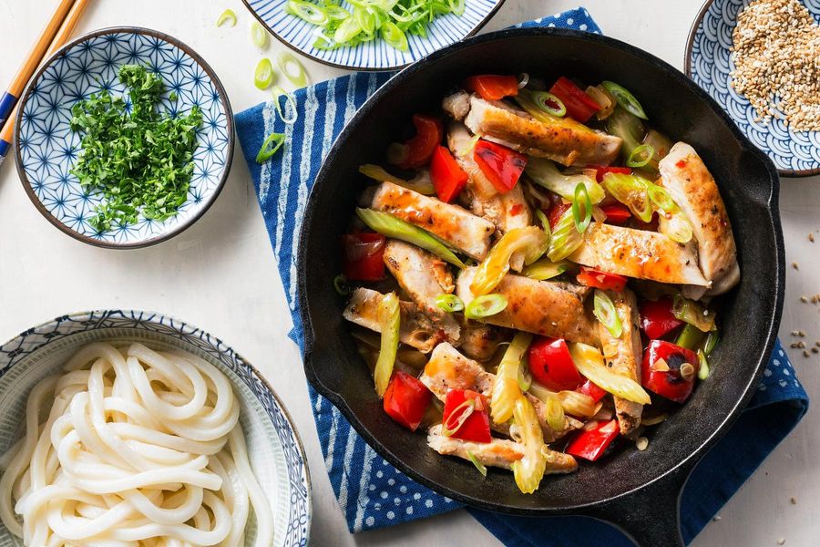 Sesame chicken stir-fry with udon noodles