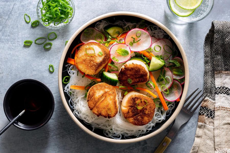 Saigon noodle bowls with cucumber-radish salad and scallion oil