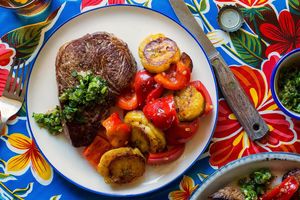 Steaks with kimchi chimichurri and honey-ginger plantain
