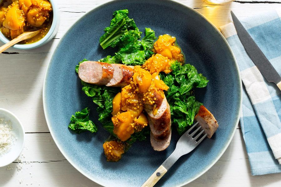 Italian sausages with stone fruit mostarda and sautéed greens