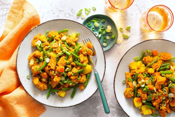 Spiced Pakistani beef keema with potatoes, green beans, and tomatoes